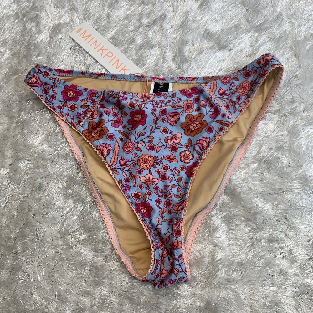 NWT MINKPINK Blue Pink Floral Chloe Mid Rise Bikini Bottoms Sz Medium